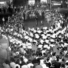  Outdoor concert in main square of Vejle, Denmark after numerous toasts with the Mayor, 1961 European Tour 