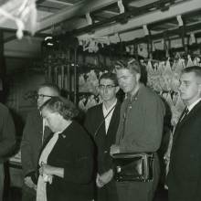 Band touring meatpacking facility in Vejle, Denmark, 1961 European Tour