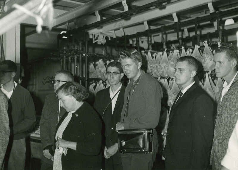 Band touring meatpacking facility in Vejle, Denmark, 1961 European Tour