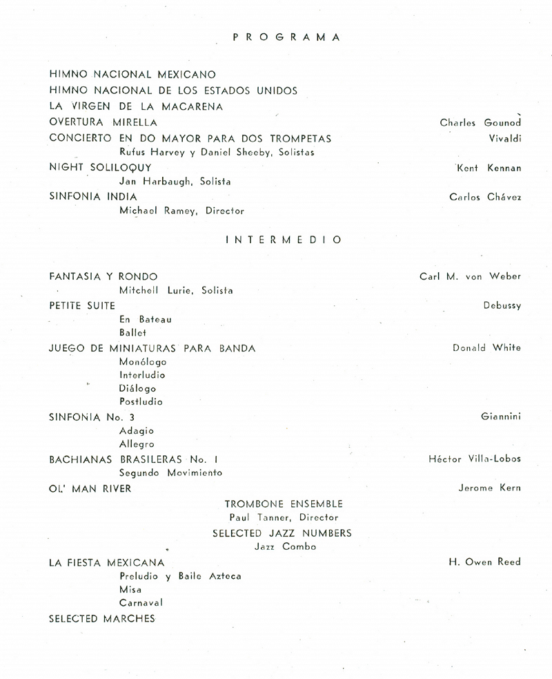 Program, Wind Ensemble concert at Teatro Degollado, Guadalajara, Mexico, April 29, 1970