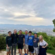 After a long hike, standing at the top of the Fushima Inari Shrine overlooking Kyoto