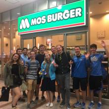 Mos Burger! Lily, Adam, Jared, Jacob, Brandon, Joey, Christina, Kevin, John, Steven, and Brendan just after returning from the Kyoto sidetrip