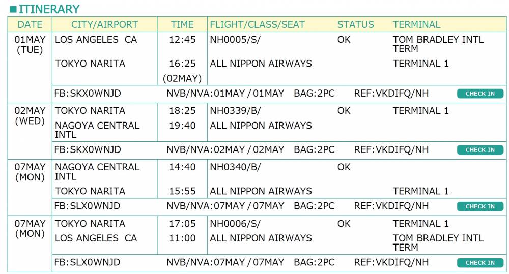 Air itinerary to Nagoya