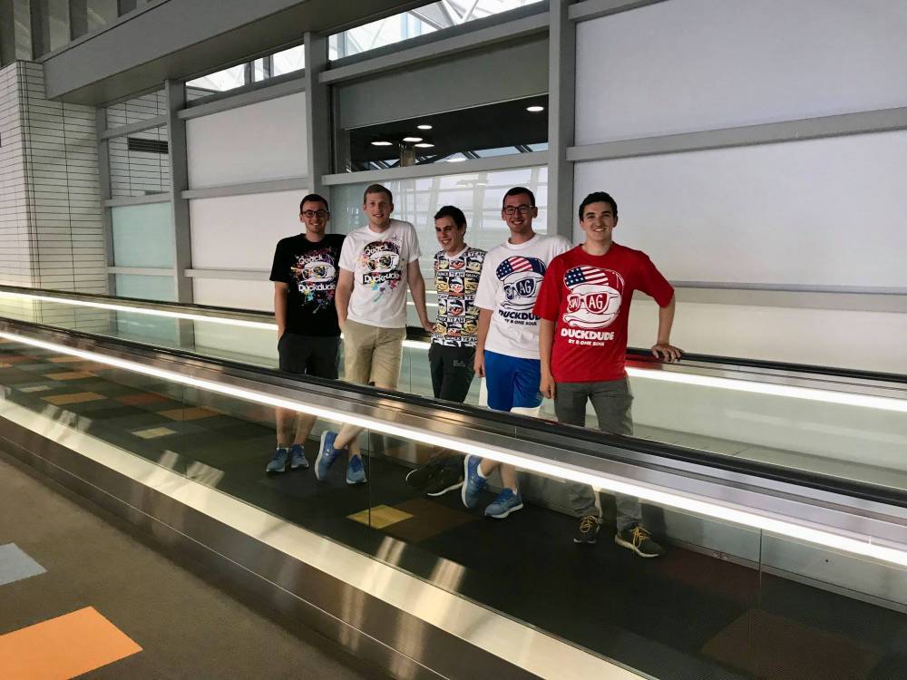 Steven King, John Malchar, Daniel Gessner, Kevin King and Adam Cobb in the Nagoya airport on the way home proudly displaying their new Duck Dude shirts