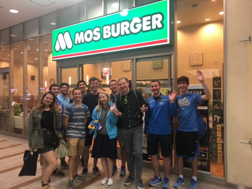 Mos Burger! Lily, Adam, Jared, Jacob, Brandon, Joey, Christina, Kevin, John, Steven, and Brendan just after returning from the Kyoto sidetrip