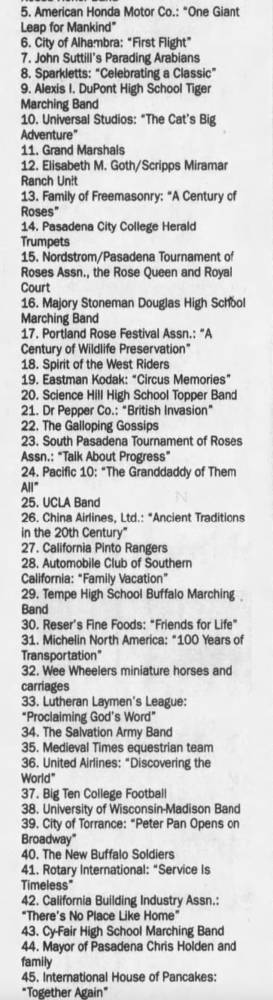 1999 010199 Rose Parade Lineup