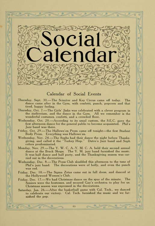 Social Calendar - Phil's Jazz Band, 1921 Yearbook, page 63