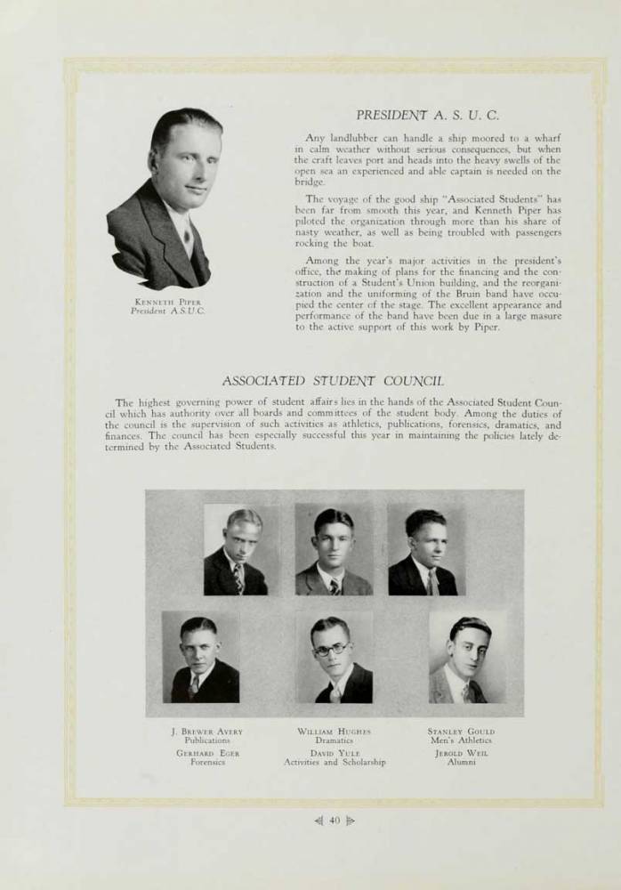 Kenneth Piper's Message: "...reorganization and uniforming of Band". 1929 Yearbook, page 40