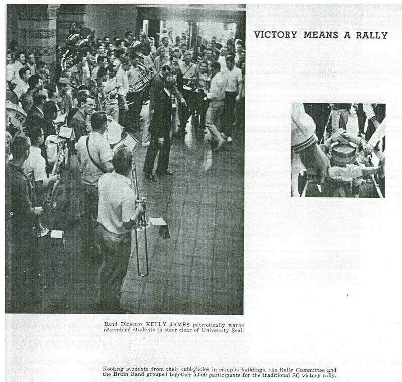 Band at Rally in College Library, Kelly James warns students to avoid University Seal, 1961-1962 Yearbook, page 58