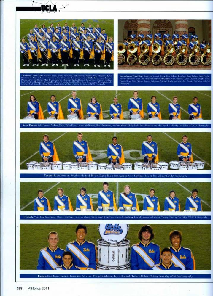 Trombones, Sousaphones, Snare Drums, Tenor Drums, Cymbals, Bass Drums, 2011 Yearbook, page 298